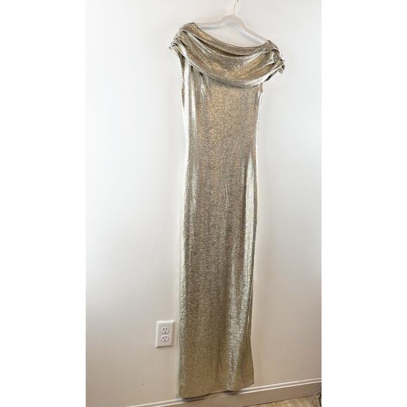 Rachel Roy Asymmetrical Off Shoulder Maxi Slit Gown Dress Gold Metallic 6 - Picture 7 of 13